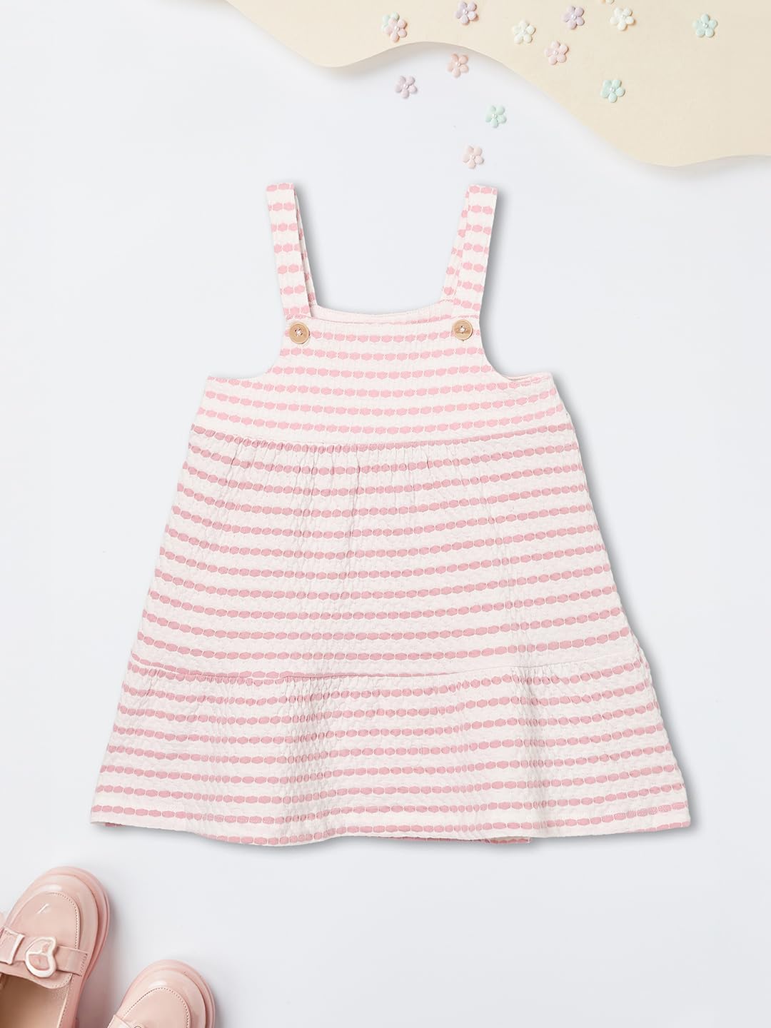 Max Girls Striped Pinafore Dress with T-Shirt (Pink_18-24 M)