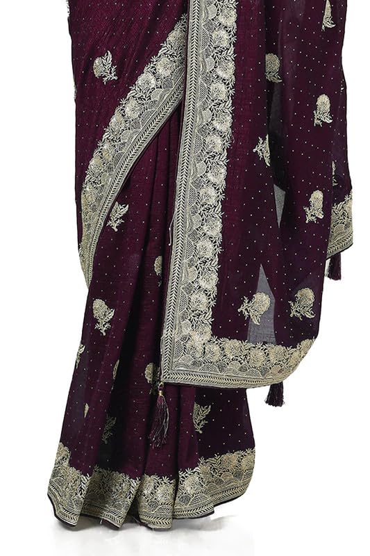 Soch Womens Wine Tussar Embroidered Saree With Stone Work