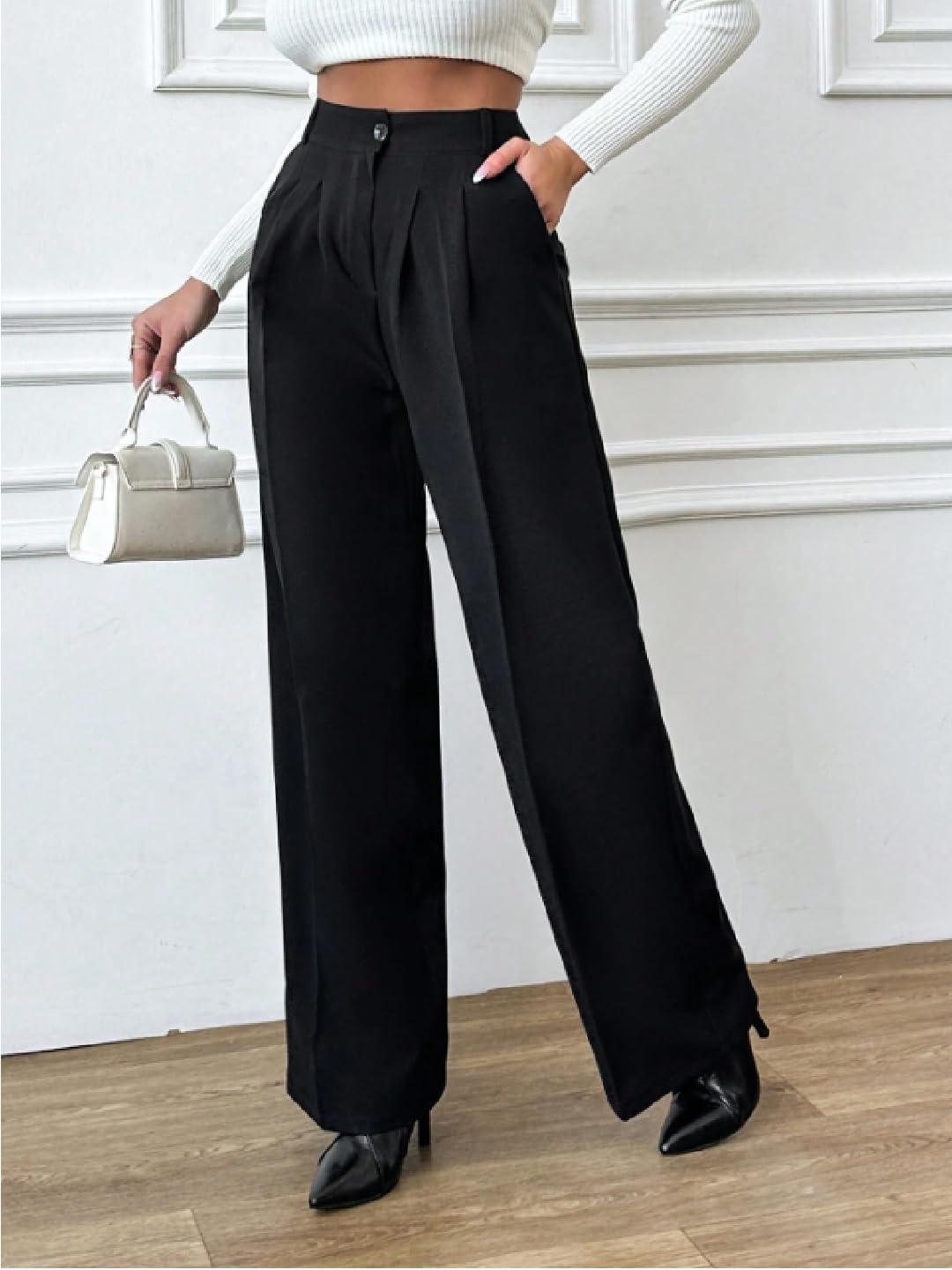 OOMPH! Women's High-Waisted Pant | Wide Leg Trousers | Korean Style Stretchable Trouser Jet Black