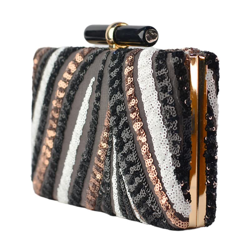 Black Box Shaped Clutch With Golden, White And Silver Work