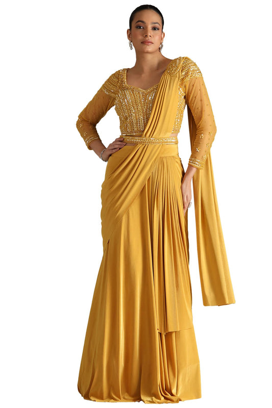 Soch Womens Mustard Nylon Blend Solid Ready To Wear Saree