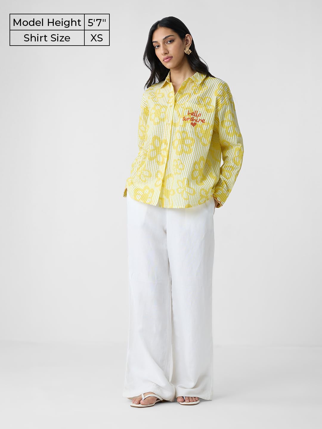 The Souled Store Hello Sunshine Women and Girls Long Sleeves Collared Neck Button Front Yellow Embroidered Cotton Boyfriend Shirts