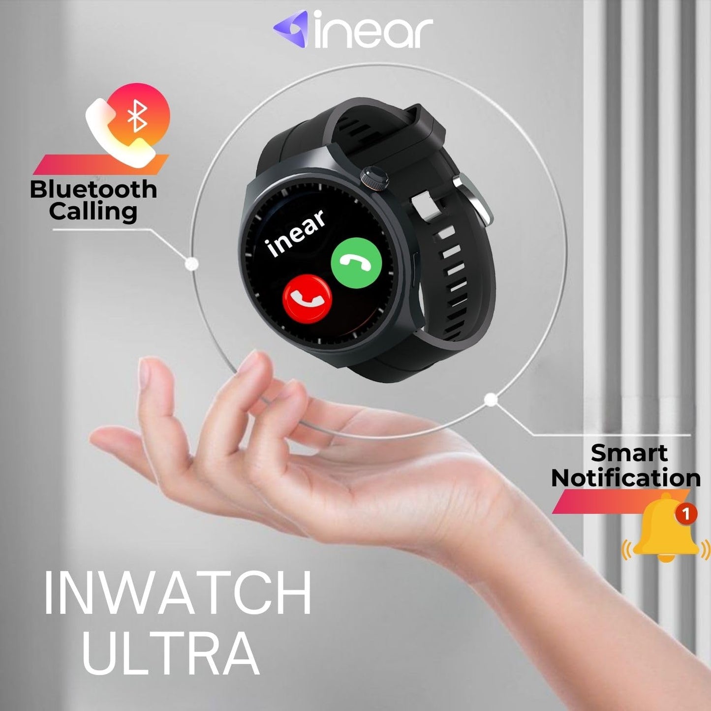 InEar INWATCH Ultra Smartwatch 2.1" HD Display, Bluetooth Calling, Fitness Watch with Heart Rate Monitor, Sleep Tracker, IPX4 Waterproof, Black Strap, Smartwatch for Android iOS Men Women