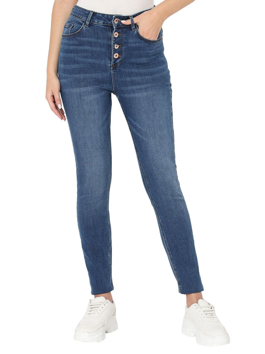 VERO MODA Women Solid Medium Blue Cotton Skinny Fit Ankle Length High Rise Jeans