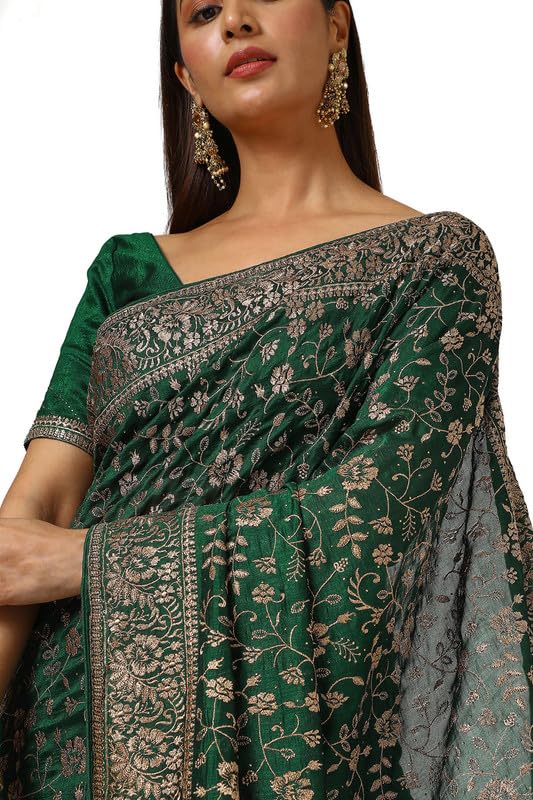 Soch Womens Green Tussar Embroidered Saree With Tassels