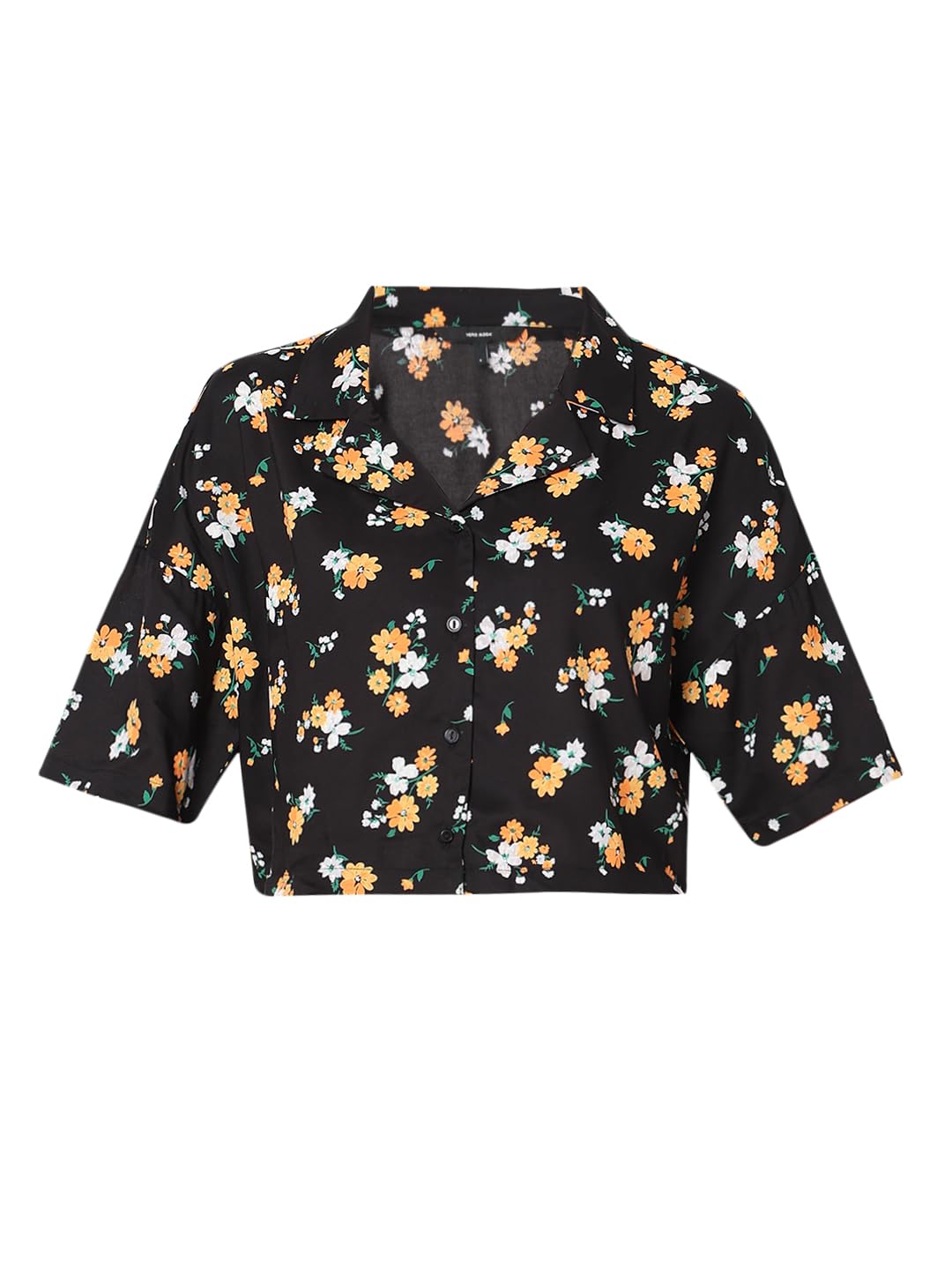 VERO MODA Women Floral Print Black Viscose Boxy Fit Crop Length Shirt