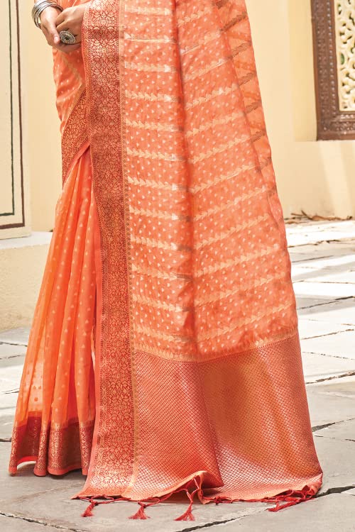 KARAGIRI Womens Organza Silk Orange Saree With Blouse Piece