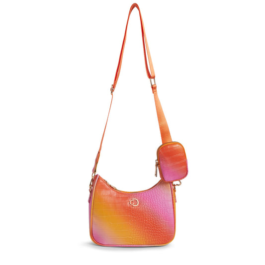 Caprese Marilyn Medium Sling Bag for Women | Croc Pattern Crossbody Bag with Detachable Mini Pouch | Adjustable Strap Shoulder Bag for Everyday Use (Coral Ombre)