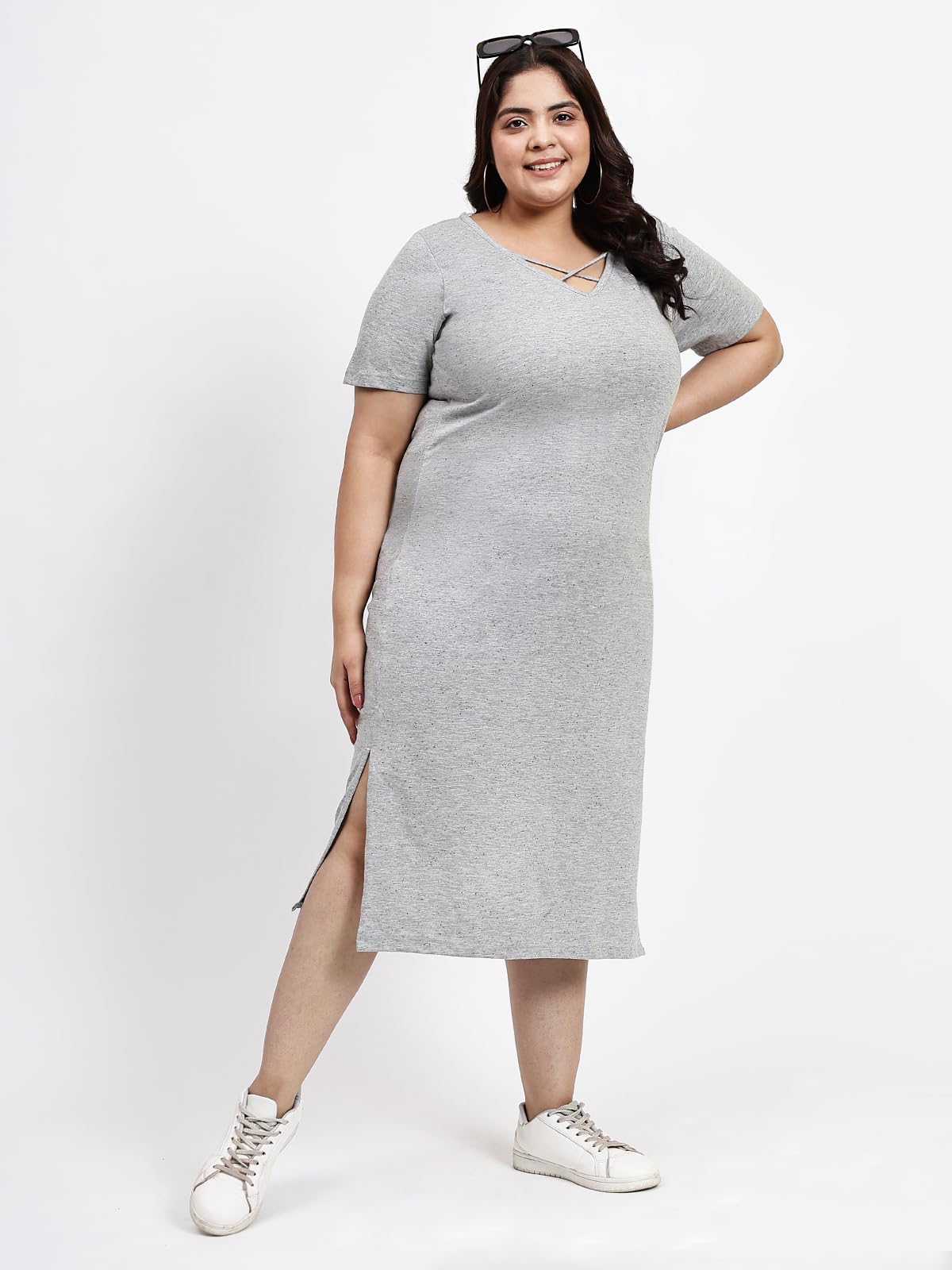 wild U Women Plus Size Dress | Comfort Fit Midi | Cotton Knitted | Stretchable | Shift | Western Casual (Grey, 8XL)