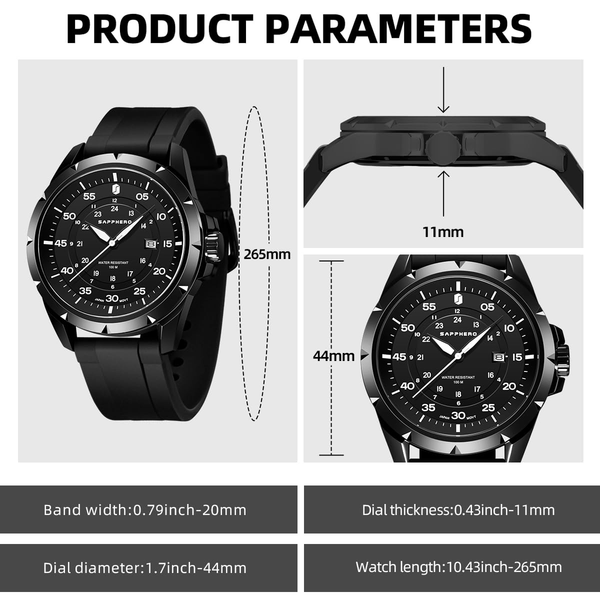 SAPPHERO Round Stainless Steel Watch for Men, 50M Waterproof Luminous Stylish Mens Gift Wristwatch with Date Display and Analog Quartz Design, Black Black White