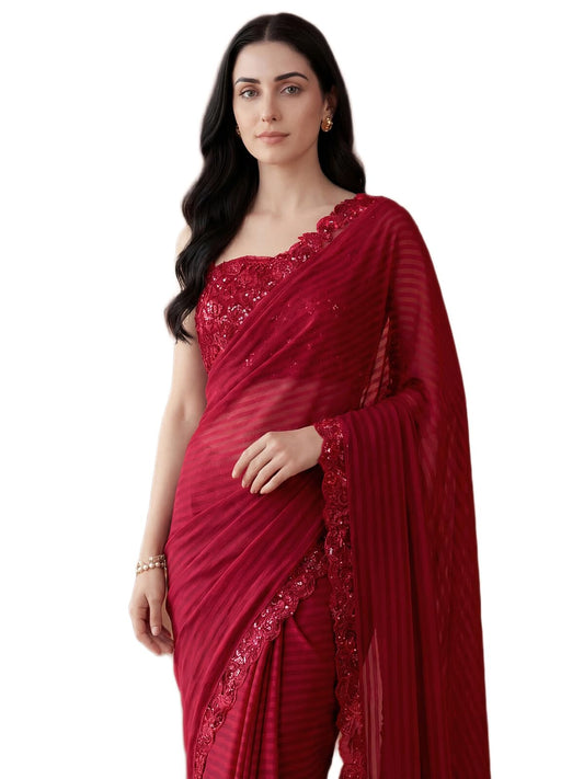 SIRIL Women's Georgette Stripes Embellished Saree with Unstitched Blouse Piece (2992S2671AAAA_Red)