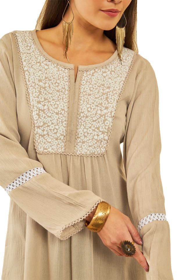 Soch Womens Beige Crepe Yoke Design Embroidery Tunic with Lace