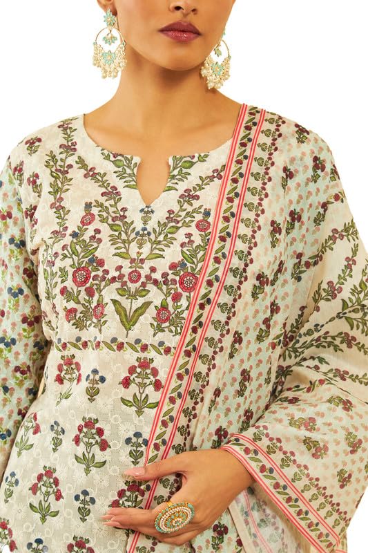 Soch Womens Cream Cotton Blend Floral Print With Embroidered Suit Set