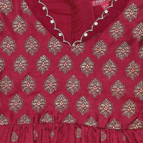 BIBA Polyester Girl Printed Gathered Kid Kurta Set With Dupatta (Kw4761_Wine_7)