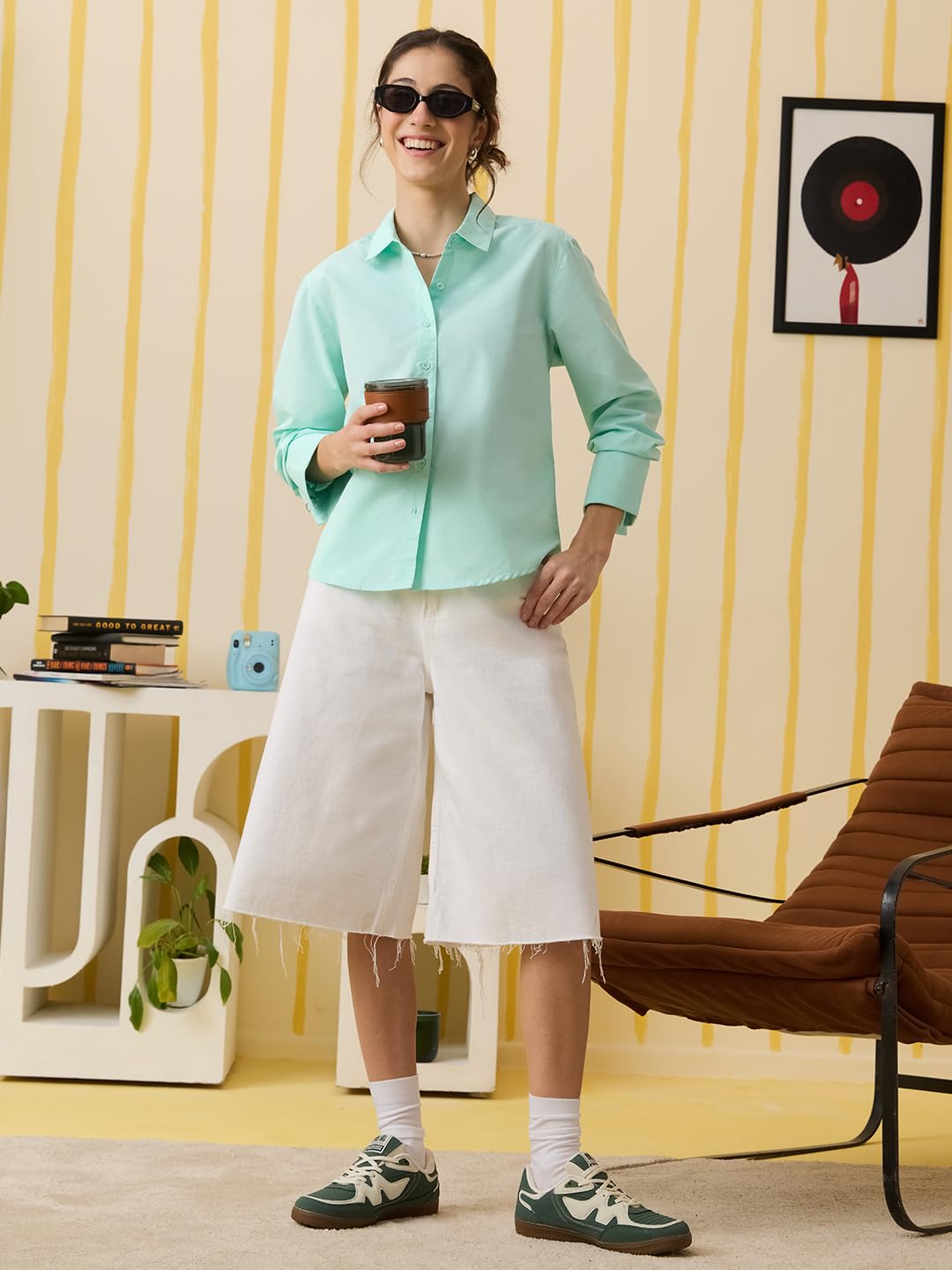 The Souled Store Easy Solids: Spearmint Women and Girls Full Length Spread Collar Mint Green Solid Cotton Blend Relaxed Fit Metal Ring Detail Wrinkle-Resistant Lightweight Everyday Shirt