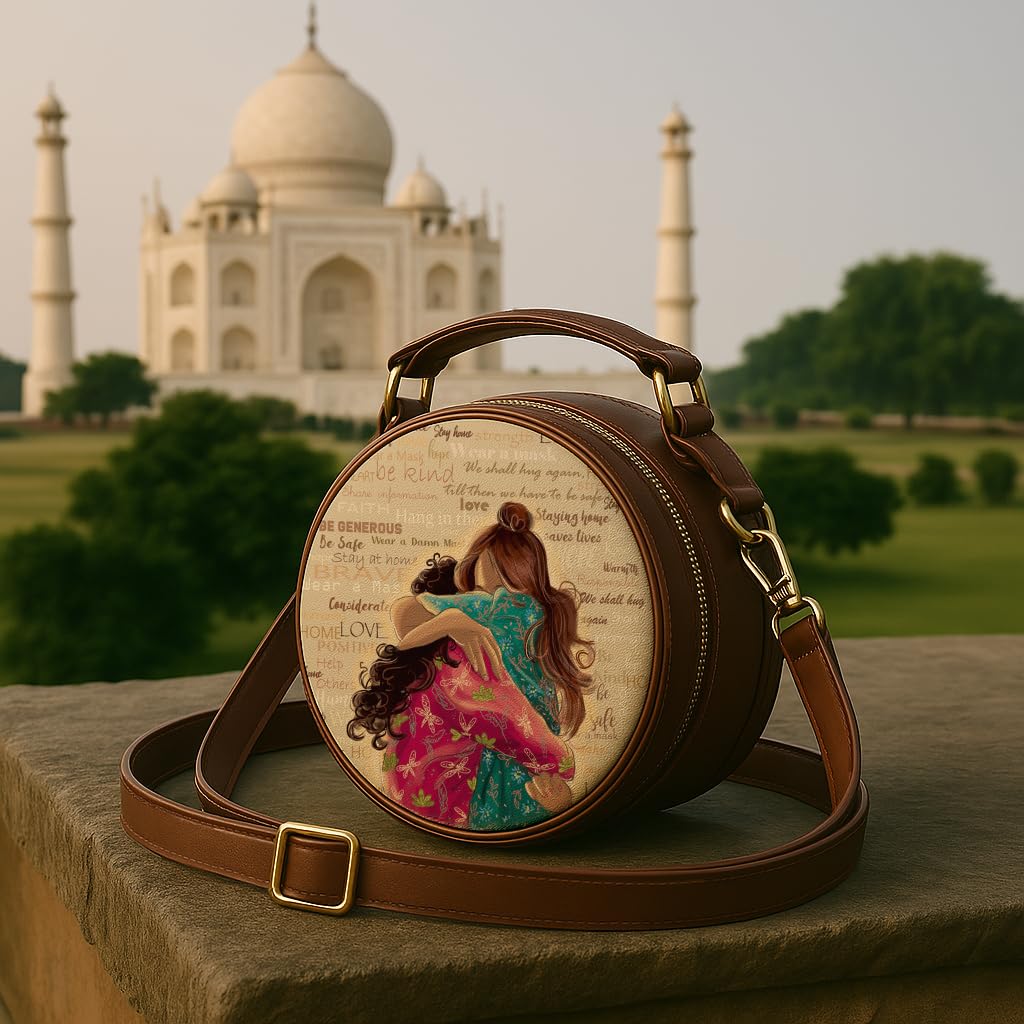 Kalankit Women Round Sling Bag | Stylish Vegan Leather Crossbody Purse | Side Bag with Strap | Rakhi Gift for Sister | Birthday Present | Travel-Friendly | Being Hug Again, Multicolor