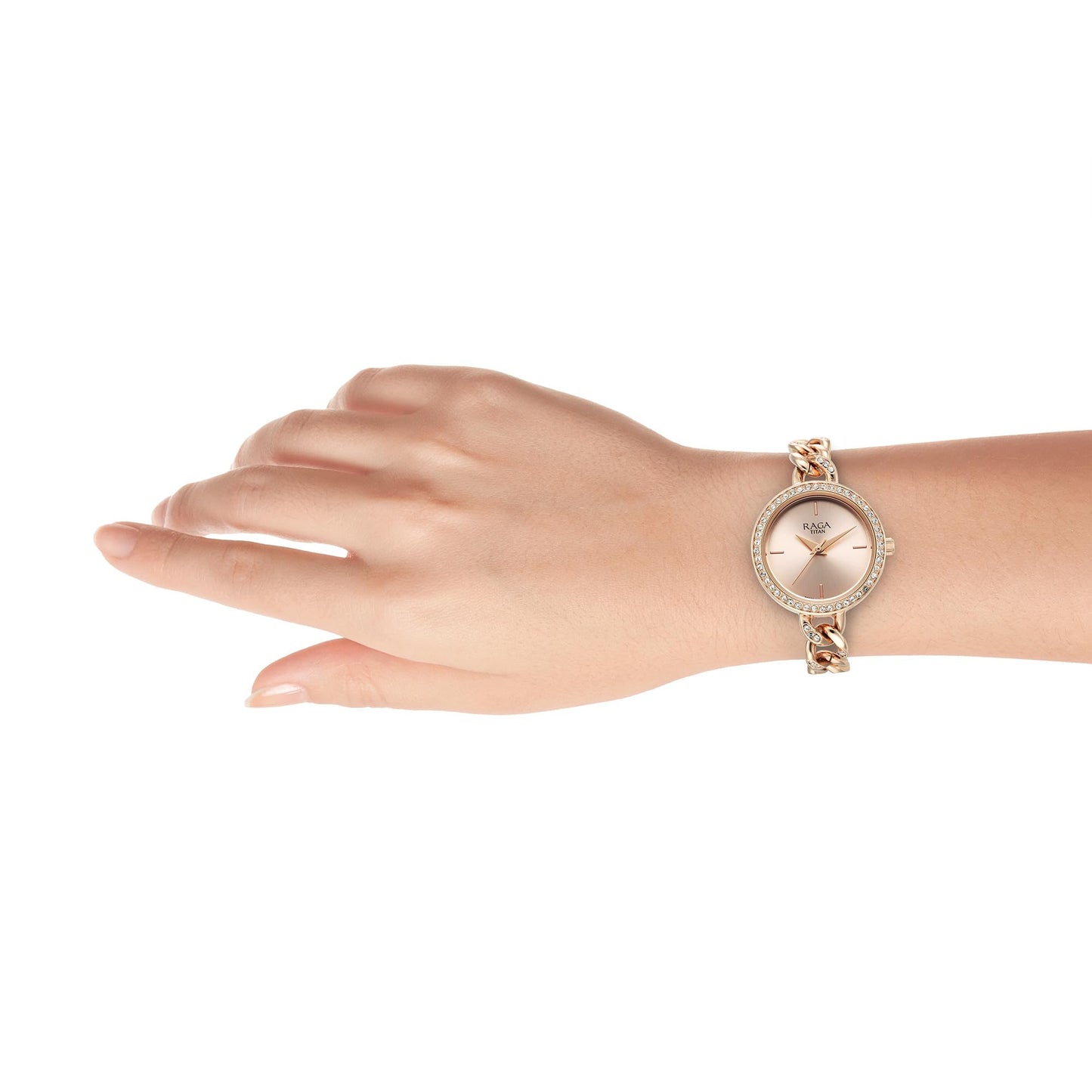 Titan Raga Round Shaped Rose Gold/Copper Dial Women Watch with Brass Strap