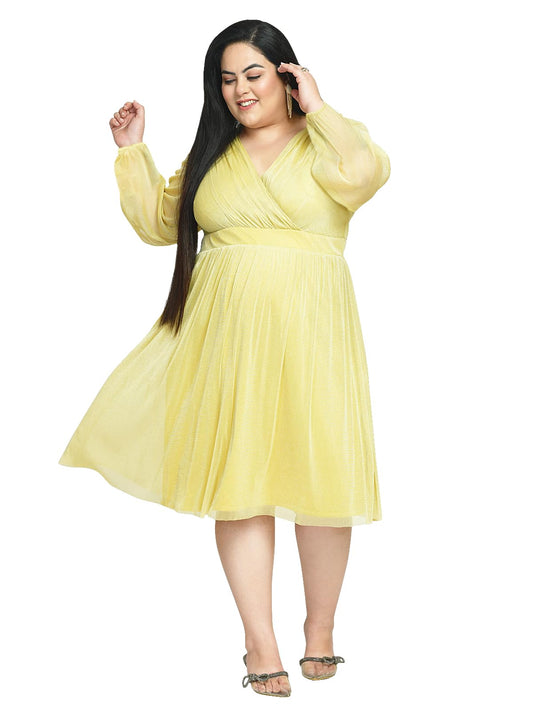 wild U Women Plus Size | Net | Stretchable | Knee Length | Shimmery | Western Stylish Dress (Yellow - 3XL)
