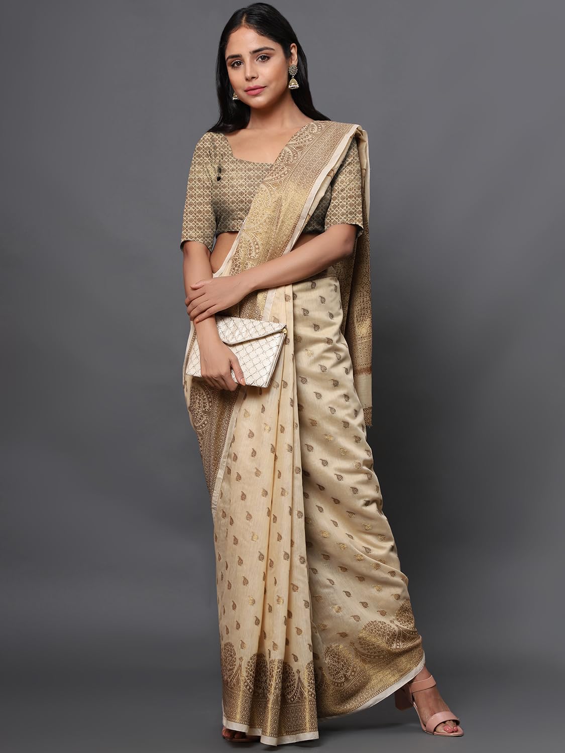 leeza store Women's Khaki Cotton Silk Blend Golden Zari Tree Pattern Border Rich Pallu Banarasi Saree With Blouse Piece