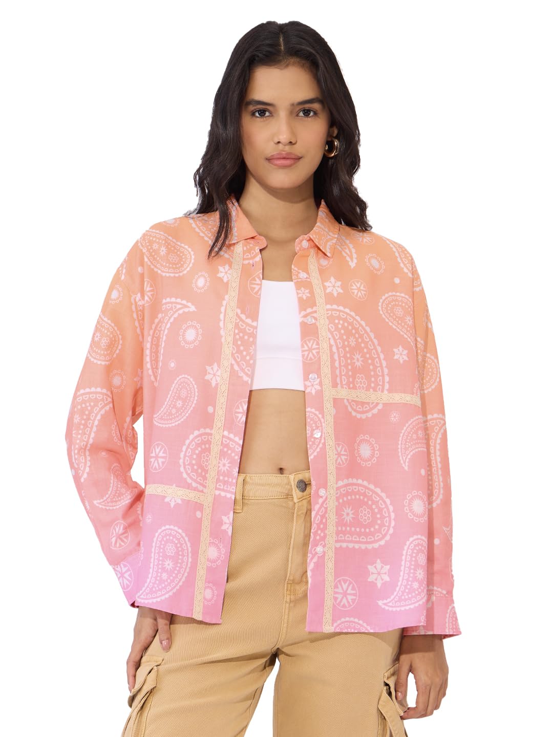 The Souled Store Mellow Paisley Women and Girls Long Sleeve Collared Neck Button Down Boyfriend Shirts Womens Boyfriend Shirts Casual Button-Down Full Sleeve Solid Short Sleeve Casual Workwear