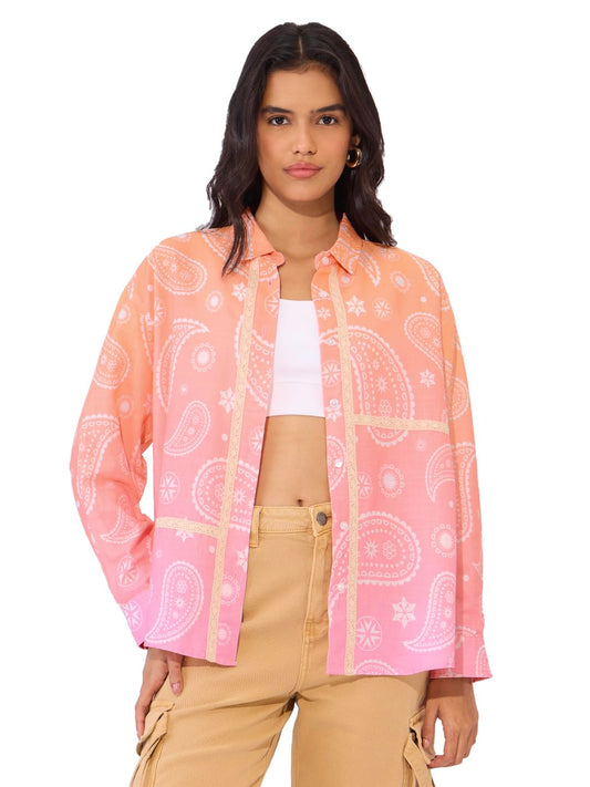 The Souled Store Mellow Paisley Women and Girls Long Sleeve Collared Neck Button Down Boyfriend Shirts Womens Boyfriend Shirts Casual Button-Down Full Sleeve Solid Short Sleeve Casual Workwear