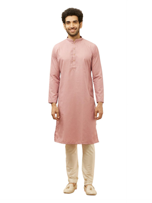 Manyavar Men's Pink Blended Cotton Printed Kurta Pyjama Set (XL)