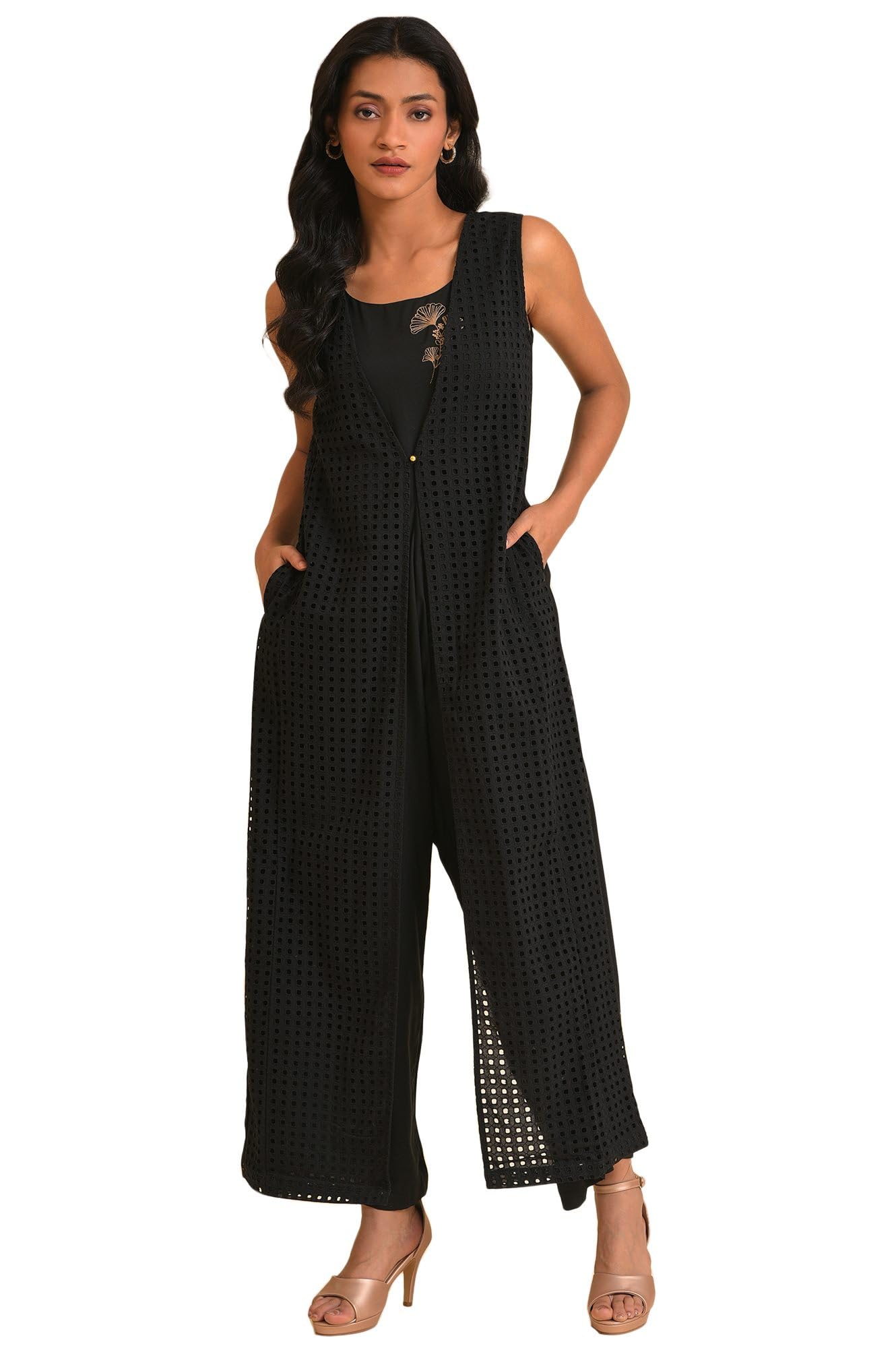 W for Woman Black Schiffli Jumpsuit_18