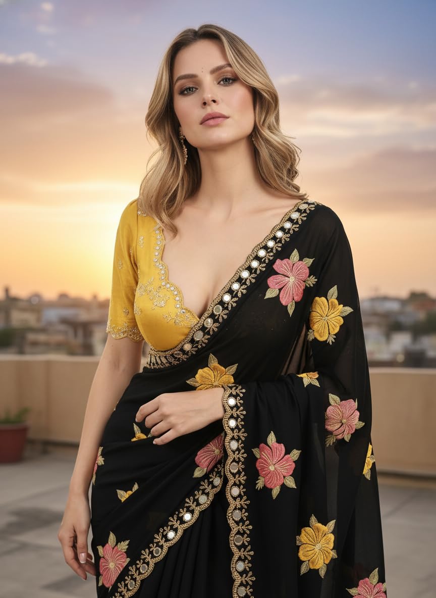 Sidhidata Women's Shining Star Georgette Embroidered Mirror Work Saree With Embroidered Unstitched Blouse Piece (Kusum Black_Black_Free Size)