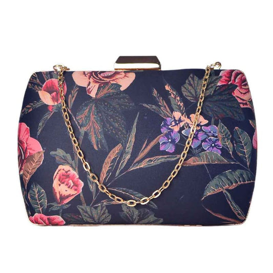 Artklim Printed Floral Clutch On Navy Blue Background