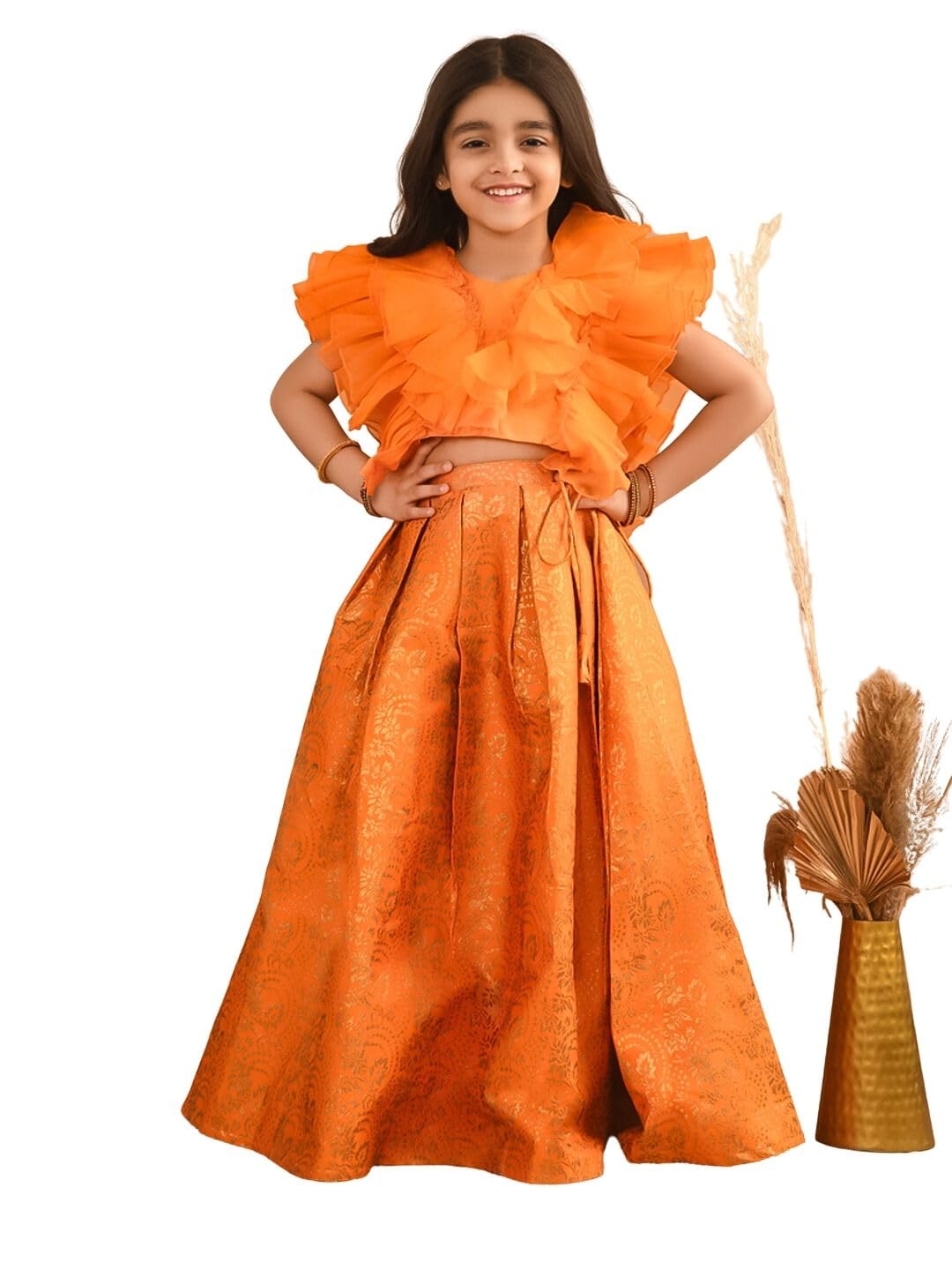 LILPICKS Ruffle Sleeveless Blouse with Brocade Flared Lehenga Set for Girls (Orange) (4-5Y)