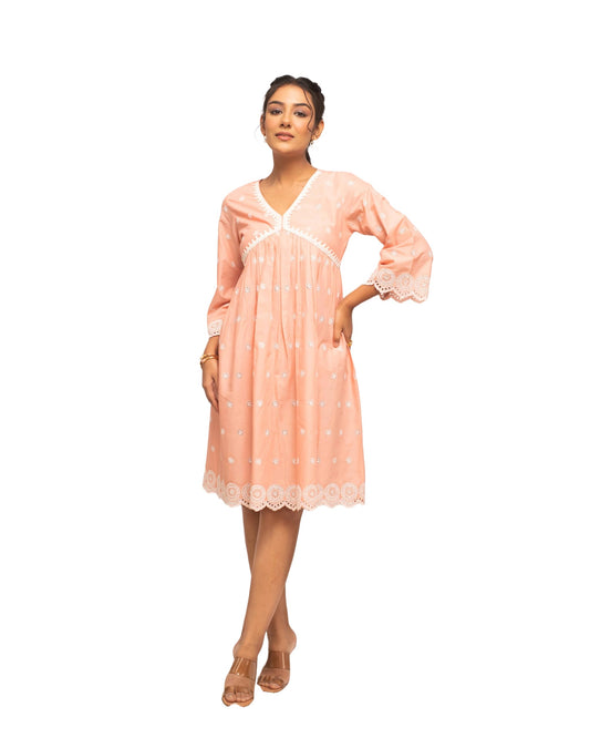 FIORRA Women's Peach Schiffli Work Cotton Skater Dress DR0007