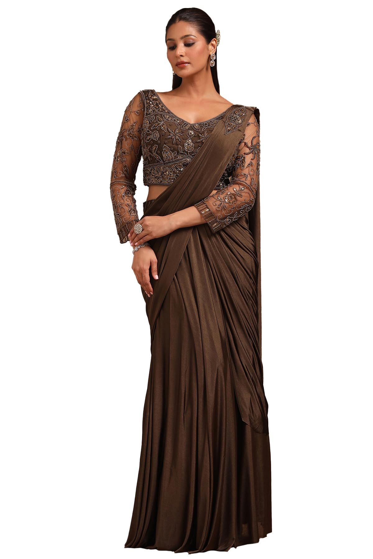 Soch Womens Nylon Blend Solid Ready To Wear Saree With Sequins