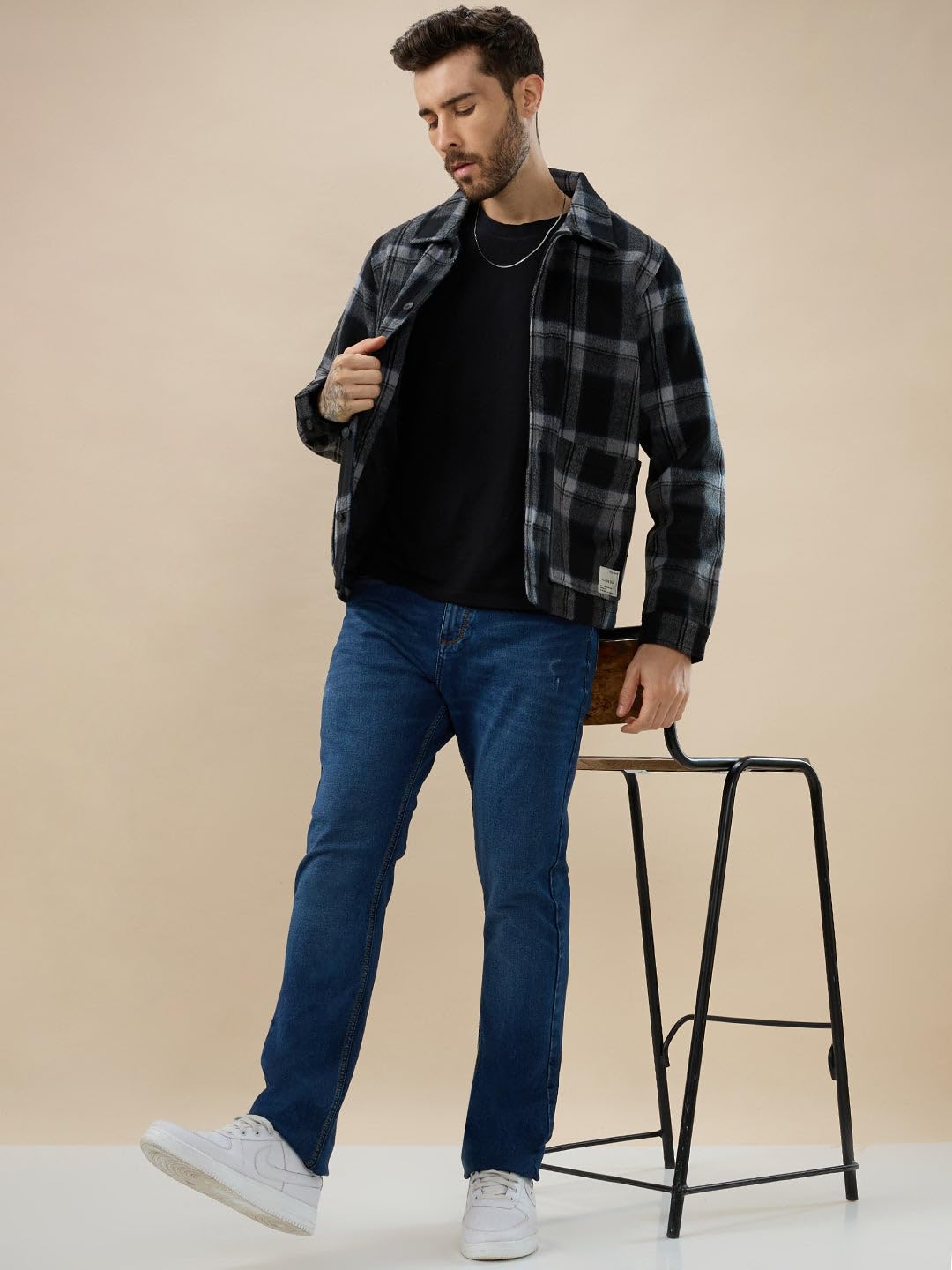 Status Quo Men's Wool Blend Checked Pattern Regular Fit Shacket | 100% Polyester | BLACK | 4XL Size