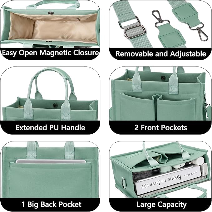 Kawn® Large Canvas Tote Bag for Women hobo Shoulder Bag with Zipper Multi-Pocket Satchel bag Crossbody Bag with Detachable Strap Everything Everyday Handbags for Office, College and Travel (Pea Green)