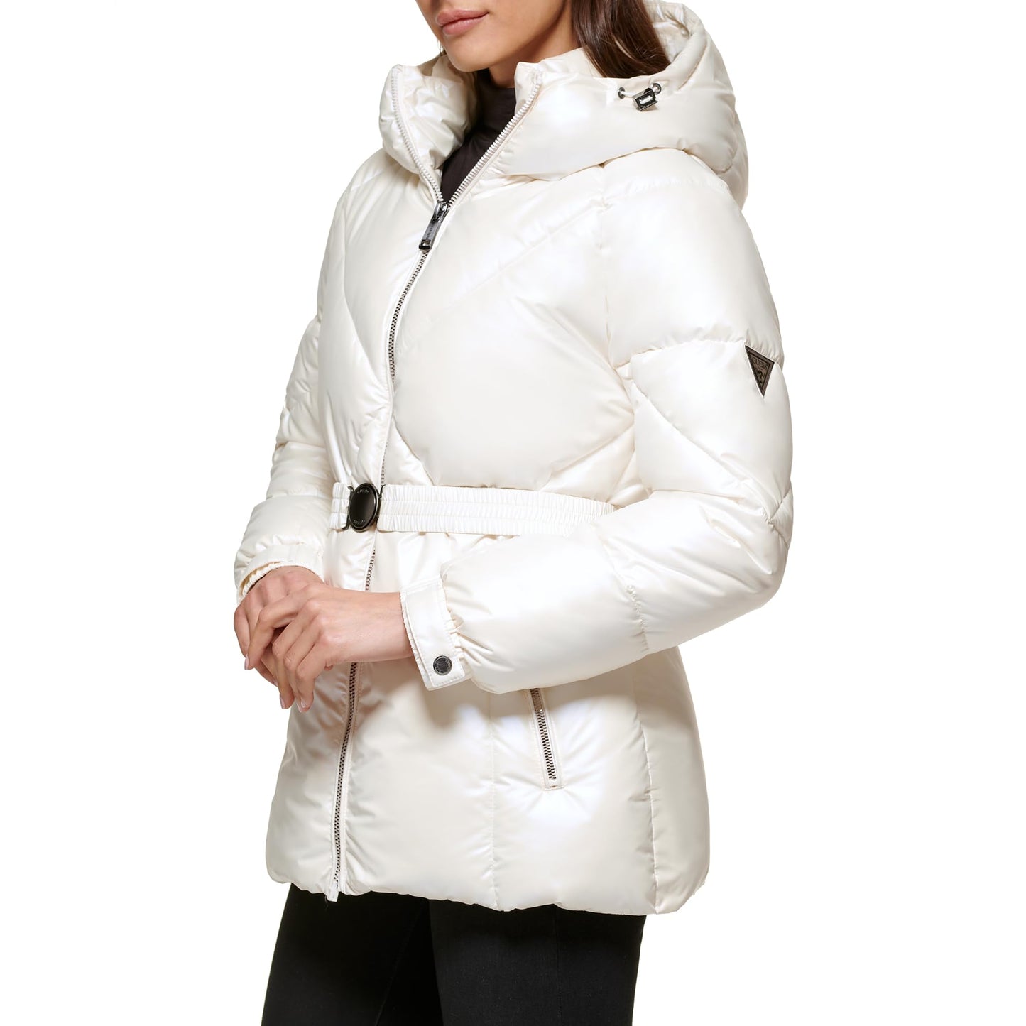 GUESS Women's Hooded Belted Water Resistant Coat, White, S