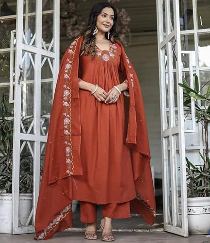 AVYUKTHA | Women Floral Embroidered Tiered Kurta with Palazzos & Dupatta |Work Ethnic Set for Festive, Casual & Party | Orange | Size- M