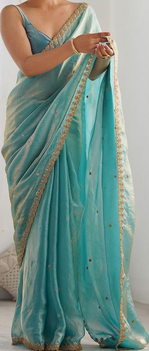 NIRLABH Women Embellished Sequinned Tissue Silk Saree (BLUE BEGIE)