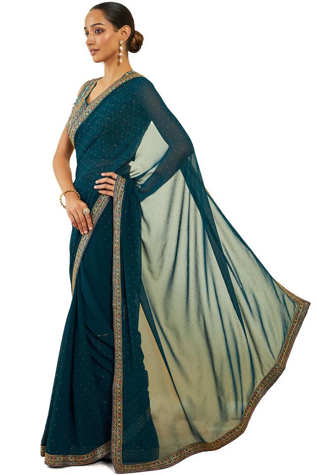 Soch Womens Turquoise Blue Georgette Saree With Stones And Embroidery