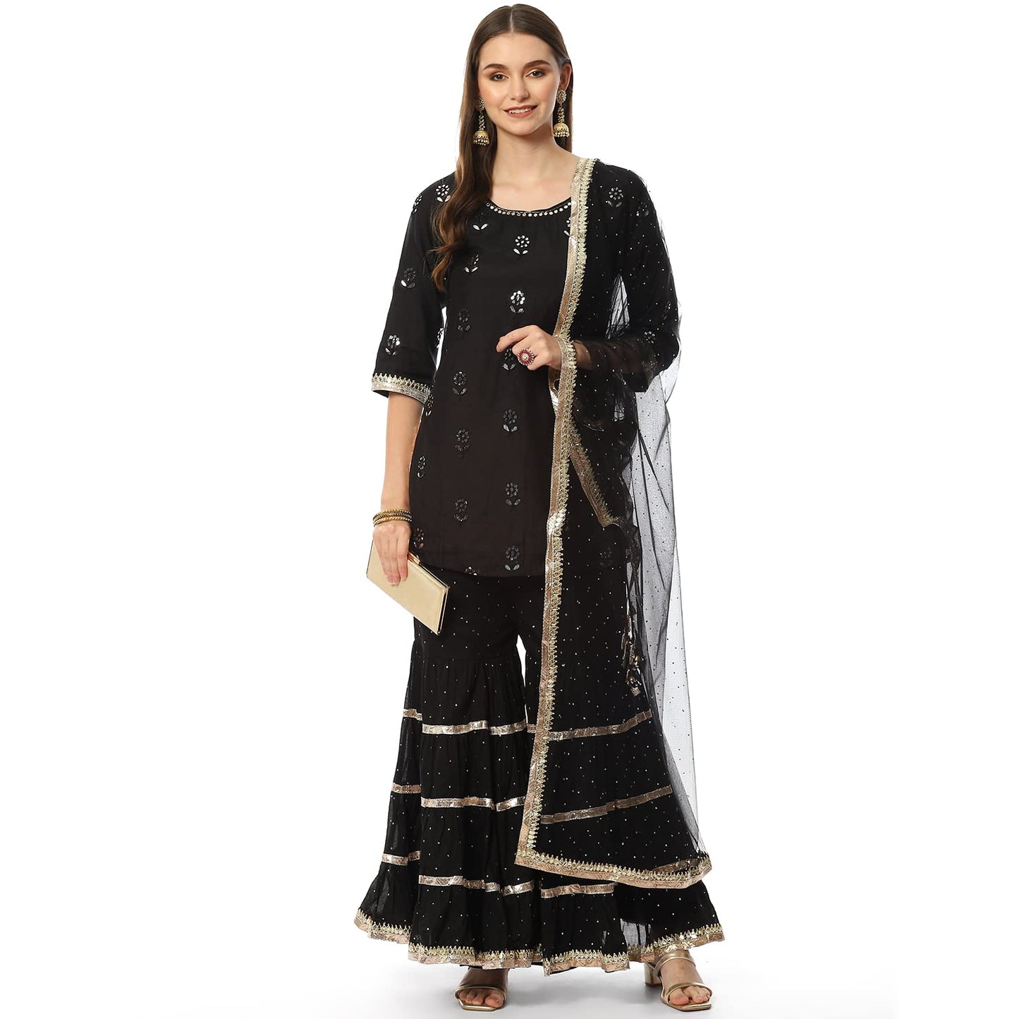 BIBA WOMEN EMBROIDERY RELAXED SALWAR KURTA DUPATTA(SKDKINARI7948_BLACK/WHITE_40)