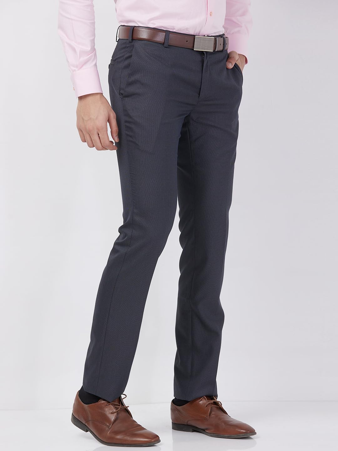 Raymond Men’s Formal Slim Fit Trousers, Structured Pattern Weave, Flat Front Office Wear | Dark Grey
