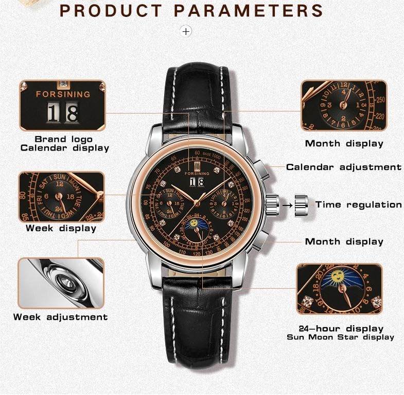 FORSINING Women Waterproof Automatic Business Watch Lady Calendar Self Winding Stainless Steel Moon Phase Wrist Watch, 1-Rose Gold, Modern