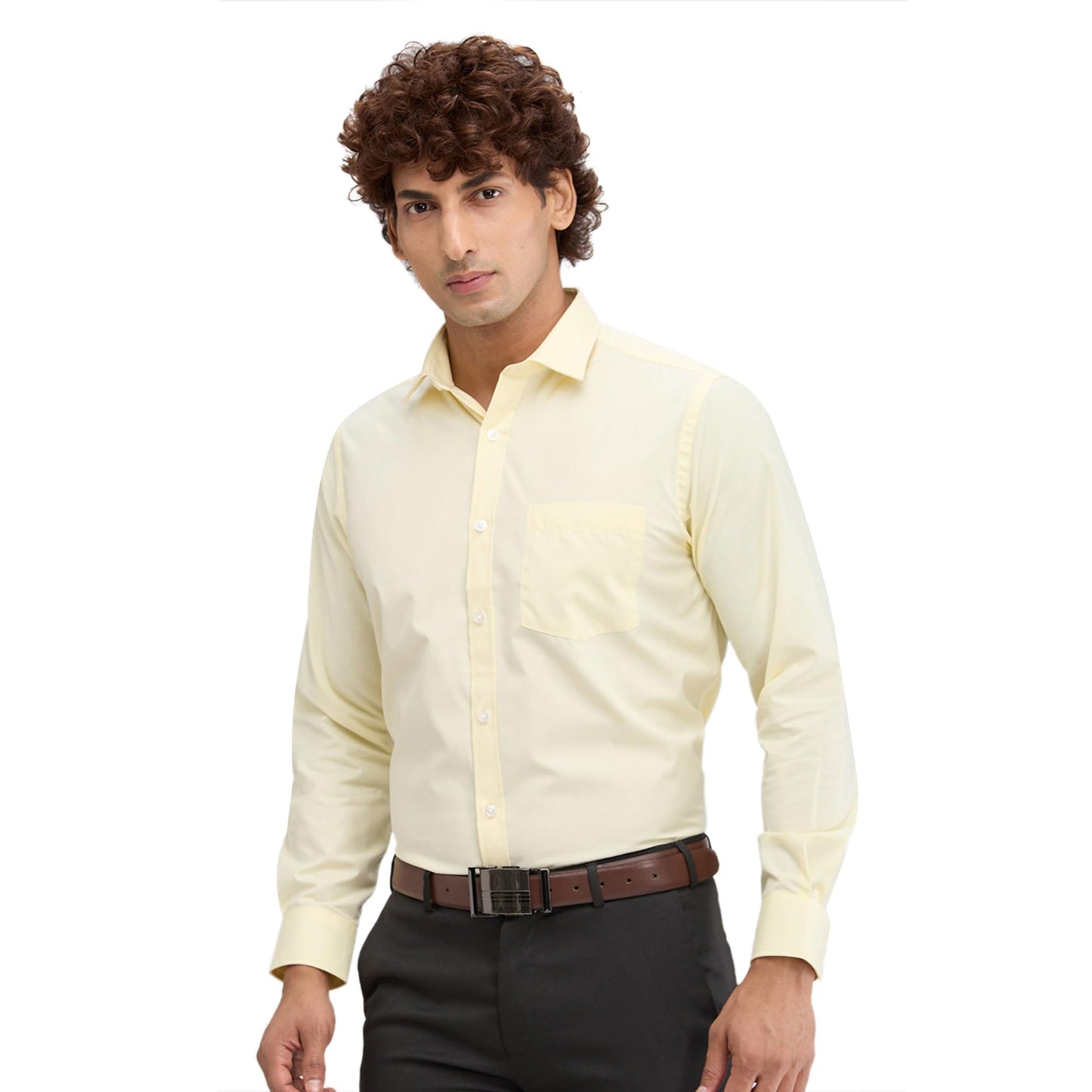 Park Avenue Men's Regular Fit Plain Poly Cotton Blend Semi Cutaway Collar Full Sleeve Formal Shirt (Size: 46)-PMSK11917-Y3 Medium Yellow