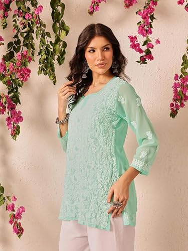 Ada Hand Embroidered Lucknowi Chikankari Georgette Short Kurti Top Tunic for Women A911500 Aquamarine (XS)