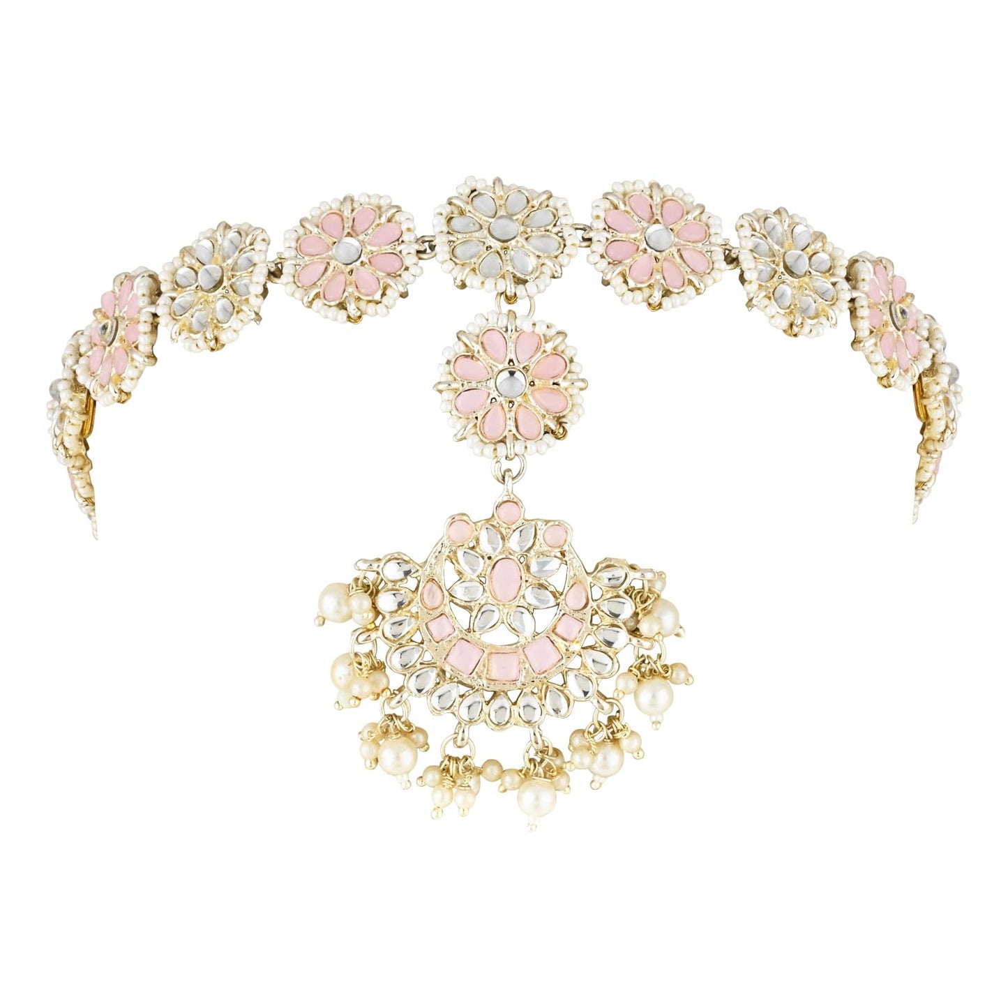 I Jewels Gold Plated Traditional Floral Kundan Pearl Studded Rajasthani Sheeshphool Matha Patti/Sheeshpatti for Women (T2066Pi)