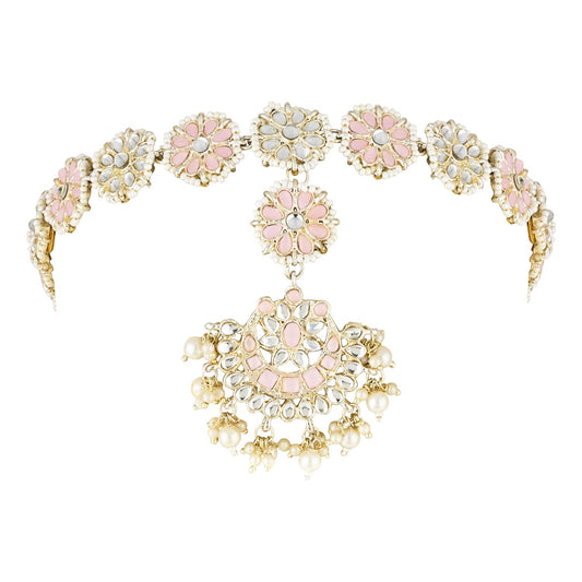 I Jewels Gold Plated Traditional Floral Kundan Pearl Studded Rajasthani Sheeshphool Matha Patti/Sheeshpatti for Women (T2066Pi)