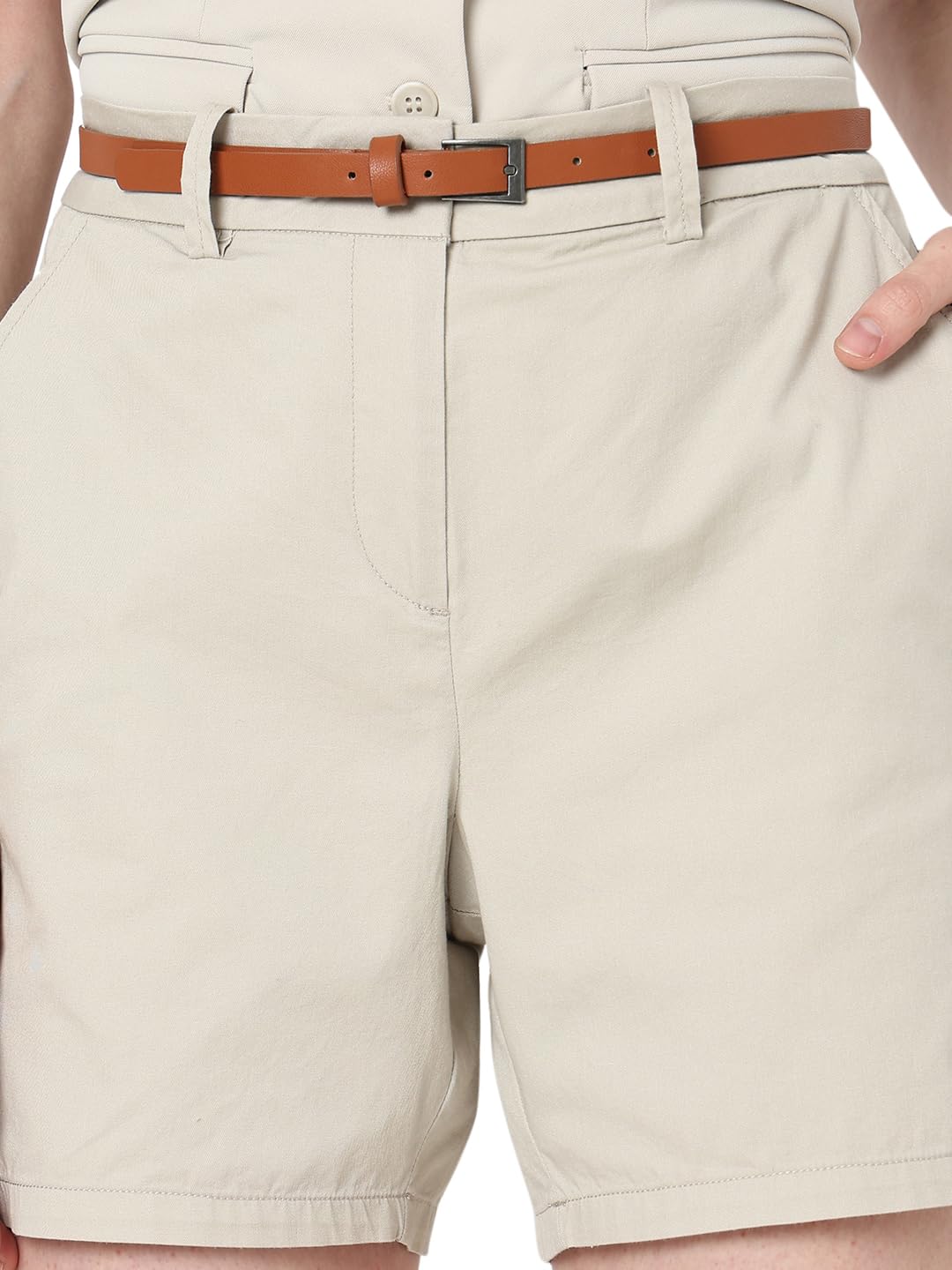VERO MODA Women Solid Beige Cotton Regular Fit Mini Length Mid Rise Shorts