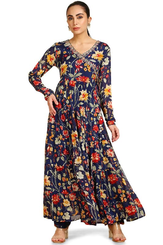 Soch Womens Blue Botanical Print Chinon Angrakha Suit Set with Dupatta