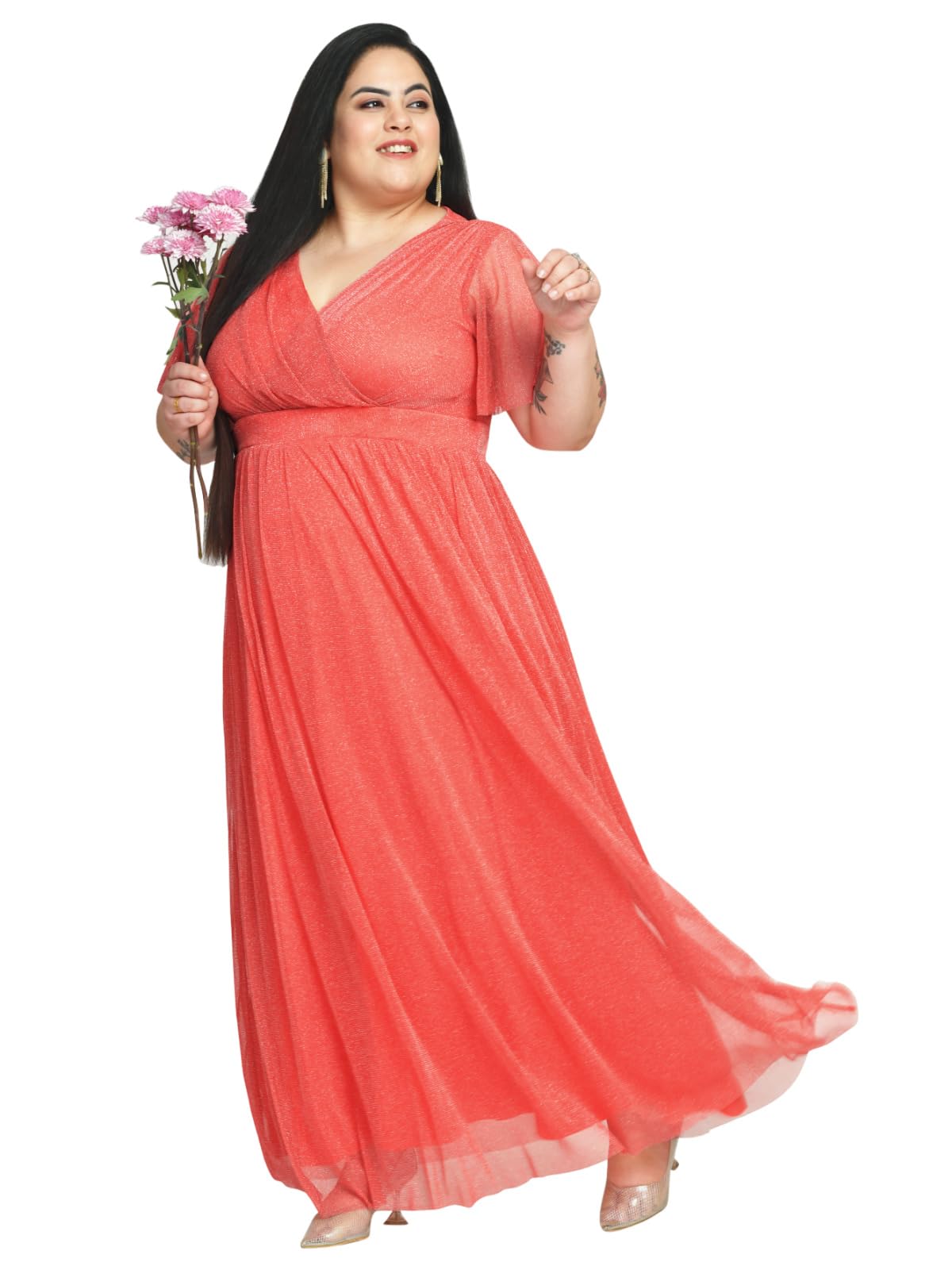 wild U Women Plus Size Cocktail Gown | Net | Stretchable | Shimmery | Western Stylish Dress (Rose Pink - 7XL)