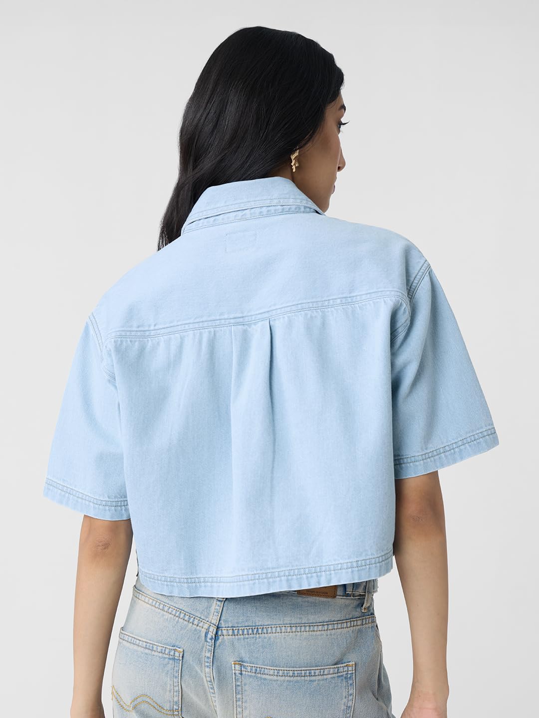 The Souled Store Denim Shirt: Mid Blue Women and Girls Short Sleeves Collared Neck Pull On Solid Cotton Oversized Cropped Shirts