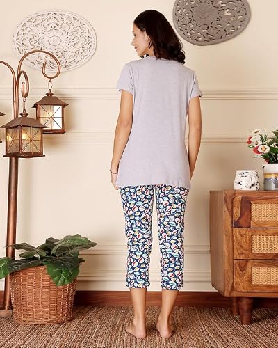 BODYCARE Women's Cotton Printed T-Shirt and Capri Set | Soft & Breathable Nightwear | Short Sleeves | Loungewear Co-Ord Set| BSCS16049_100 Multicolour